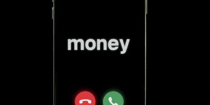 ChatGPT提示词_一部黑色背景的iphone屏幕，上面有两个按钮，一个红色一个绿色，均写有’money’字样_chatgpt缩略图