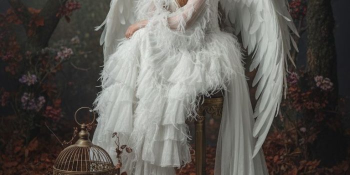 ChatGPT_AI提示词_一位女性身着华丽的白色长裙，配有巨大的白色羽翼，坐在装饰性高凳上，展现出宁静的神情_chatgpt充值缩略图