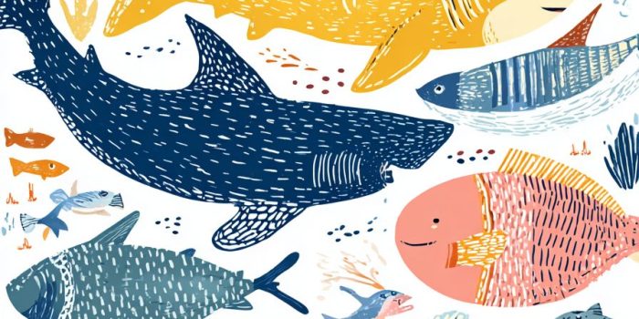 ChatGPT_AI提示词_一群充满幻想的儿童风格鲨鱼插图_chatgpt会员多少钱缩略图