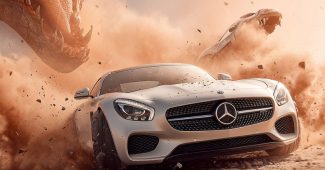 ChatGPT_AI提示词_一辆白色梅赛德斯-AMG跑车在废墟中的土路上高速行驶，背景有巨龙从尘暴中飞出_chatgpt会员版缩略图