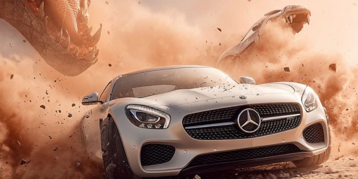 ChatGPT_AI提示词_一辆白色梅赛德斯-AMG跑车在废墟中的土路上高速行驶，背景有巨龙从尘暴中飞出_chatgpt会员版缩略图