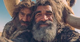 ChatGPT_AI提示词_一名尼安德特人男士与一头大型猛犸象合影并微笑_Grok Super缩略图