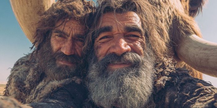 ChatGPT_AI提示词_一名尼安德特人男士与一头大型猛犸象合影并微笑_Grok Super缩略图