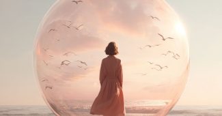 ChatGPT提示词_中年女性站在海岸的玫瑰金泡泡中_chatgpt入口缩略图