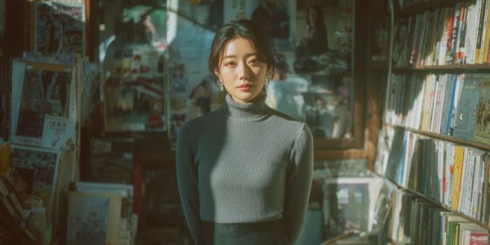 ChatGPT_AI提示词_一位穿着灰色高领毛衣和黑色中长裙的韩国女性在小型复古书店中，神情平静_chatgpt会员共享缩略图