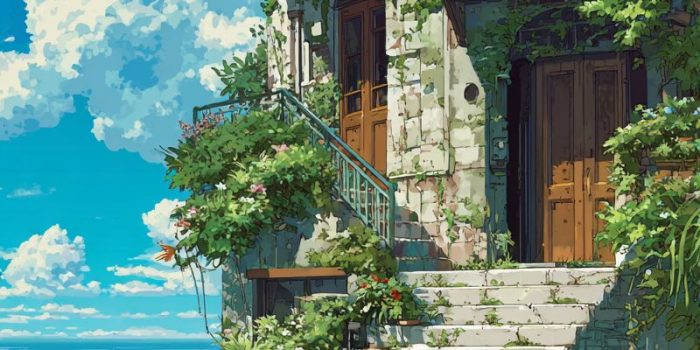 AI提示词_城市中的一栋古典美宅，墙面开满植物和花朵，白色石阶通向入口，远处的蓝色海洋映衬着晴朗的天空_chat gpt会员价格缩略图