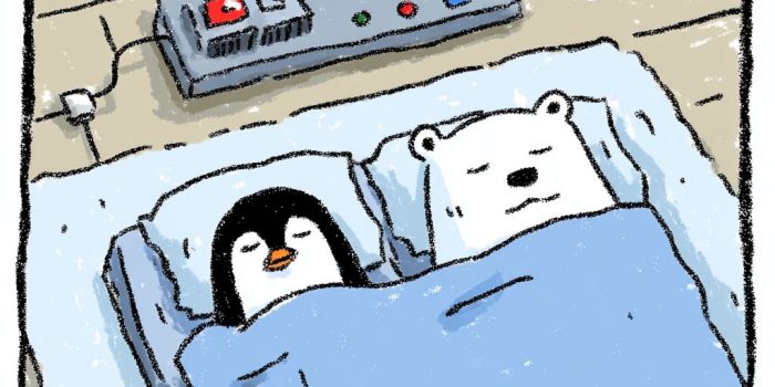 ChatGPT_AI提示词_一只拟人化的企鹅和一只拟人化的北极熊在舒适的韩国风格客厅地板上的电热垫上并肩熟睡_hatgpt plus缩略图