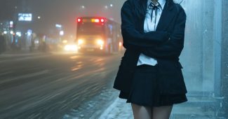 ChatGPT提示词_一名23岁的韩国女性在冰霜覆盖的公交站全身照，面露68%无奈和32%无奈的微笑缩略图