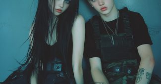 ChatGPT提示词_一对青少年情侣在复古Y2K风格的照片中，女孩是瘦弱的白皙emo女孩，男孩有一头明亮的金发，二人都穿着黑色的军用裤和军靴_chatgpt5.0可以用吗缩略图