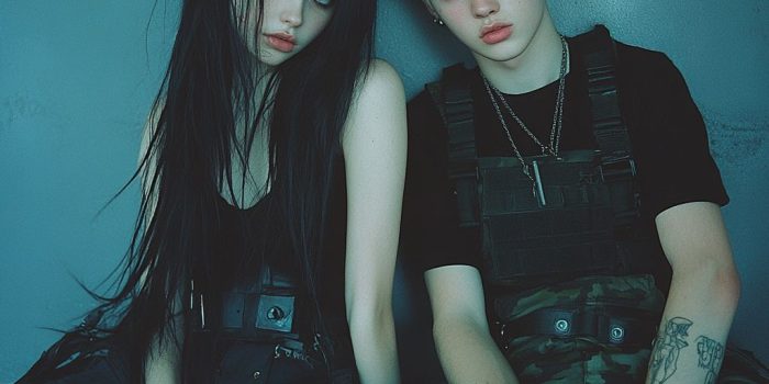 ChatGPT提示词_一对青少年情侣在复古Y2K风格的照片中，女孩是瘦弱的白皙emo女孩，男孩有一头明亮的金发，二人都穿着黑色的军用裤和军靴_chatgpt5.0可以用吗缩略图