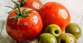 ChatGPT提示词_请展示一幅静物作品，包含两颗绿尖番茄和四颗绿色橄榄，木质切菜板上，背景明亮且白色_chatgpt中文官网缩略图