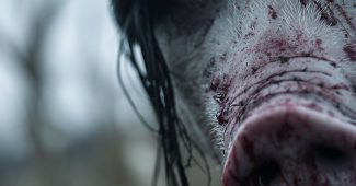 ChatGPT_AI提示词_一个人佩戴着逼真的猪面具，面具上有新鲜的血迹，背景是模糊的玉米地，营造出紧张的恐怖氛围_国内如何开通gpt会员缩略图