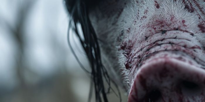 ChatGPT_AI提示词_一个人佩戴着逼真的猪面具，面具上有新鲜的血迹，背景是模糊的玉米地，营造出紧张的恐怖氛围_国内如何开通gpt会员缩略图