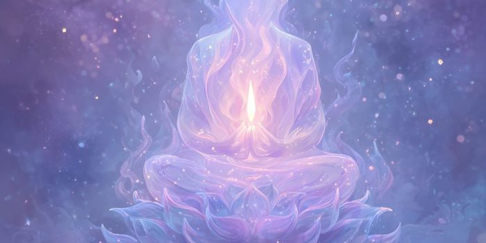 ChatGPT_AI提示词_漂浮的蜡烛形状的火焰形成一个冥想的身影，柔和的紫色和桃色光芒，宇宙背景，宁静的精神海报_chatgpt会员怎么购买缩略图