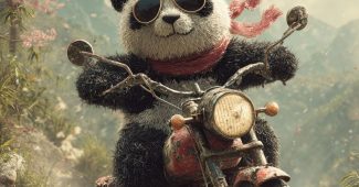 AI提示词_可爱的熊猫骑着复古摩托车在乡间小路上，戴着太阳镜，围着小围巾，樱花树和绿丘背景下享受明亮的日光_ChatGPT购买缩略图