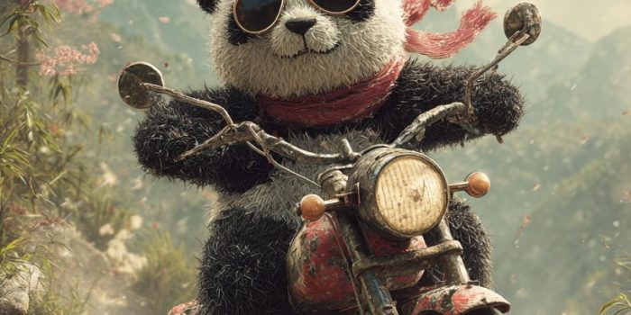 AI提示词_可爱的熊猫骑着复古摩托车在乡间小路上，戴着太阳镜，围着小围巾，樱花树和绿丘背景下享受明亮的日光_ChatGPT购买缩略图