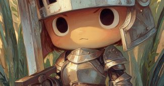 AI提示词_一位可爱的迷你骑士，身穿 oversized 闪亮盔甲，手握巨大剑，站在卡通风格的草地上，显得坚定而可爱_chatgpt5缩略图