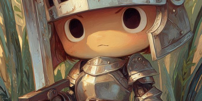 AI提示词_一位可爱的迷你骑士，身穿 oversized 闪亮盔甲，手握巨大剑，站在卡通风格的草地上，显得坚定而可爱_chatgpt5缩略图