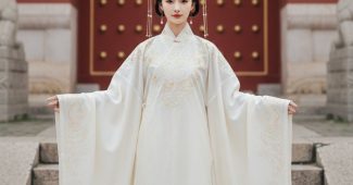 ChatGPT_AI提示词_一位年轻女子穿着优雅的象牙色汉服，站在古老的石阶上，面前是一扇华丽的红色宫门_chatgpt官网中文版缩略图