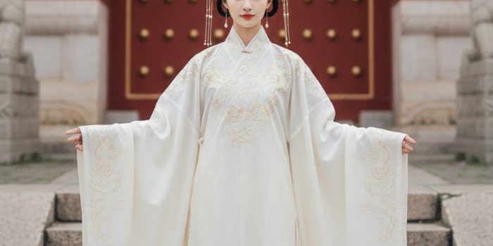 ChatGPT_AI提示词_一位年轻女子穿着优雅的象牙色汉服，站在古老的石阶上，面前是一扇华丽的红色宫门_chatgpt官网中文版缩略图