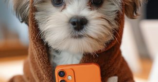 ChatGPT提示词_一只9个月大的白色Shorkie小狗穿着棕色克里夫兰布朗队卫衣，手里拿着一部全新的橙色iPhone 17 Air_chatgpt手机版缩略图