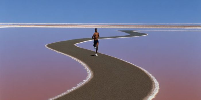 ChatGPT提示词_一名跑者在宁静的盐滩上奔跑，天空与大地无缝交融，形成了截然不同的视觉效果_chat gpt会员的作用缩略图