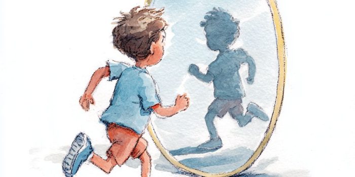 ChatGPT提示词_一名小学学生在白色背景下跑马拉松，面对镜子，简笔画风格_chatgpt会员共享缩略图