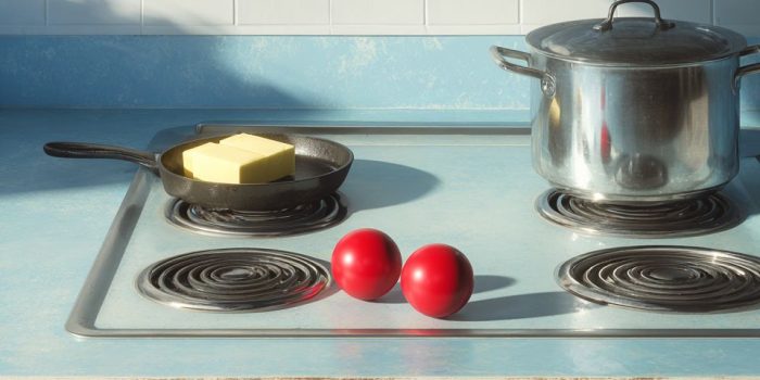 ChatGPT_AI提示词_厨房炉灶上摆放着蓝色台面、黄油的平底锅和不锈钢锅_国内如何买gpt会员缩略图