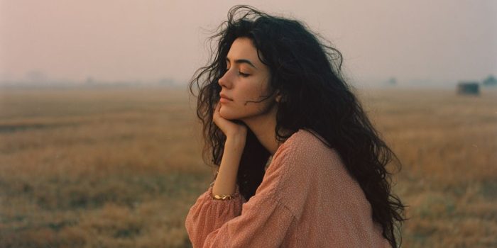 ChatGPT_AI提示词_一位20岁的自然女孩在草地上坐着，黑色波浪长发，低头沉思的神情_chatgpt会员值吗缩略图