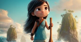 ChatGPT_AI提示词_动画电影《海洋冒险》的海报展示了一个6岁女孩摩纳站在岩石上，手握木质冲浪桨，背景是岛屿和海洋_gpt会员怎么开通缩略图
