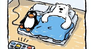 ChatGPT_AI提示词_一只拟人化的企鹅和一只女性拟人化的北极熊在温暖的电热垫上舒适地并排睡觉_gpt会员价格缩略图