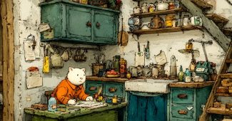 ChatGPT提示词_描绘雷蒙德·布里格斯和马蒂亚斯·阿道夫森风格的猫故事温馨场景缩略图