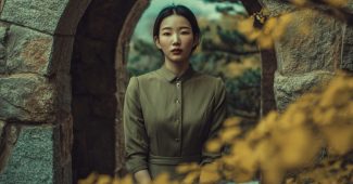 ChatGPT_AI提示词_一位穿着橄榄绿色中长裙的韩国女性站在石制花园拱门旁，周围是黄色的落叶，优雅而宁静的全身肖像_chatgpt5.0官网中文版缩略图