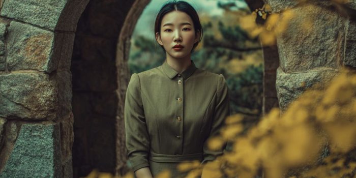 ChatGPT_AI提示词_一位穿着橄榄绿色中长裙的韩国女性站在石制花园拱门旁，周围是黄色的落叶，优雅而宁静的全身肖像_chatgpt5.0官网中文版缩略图