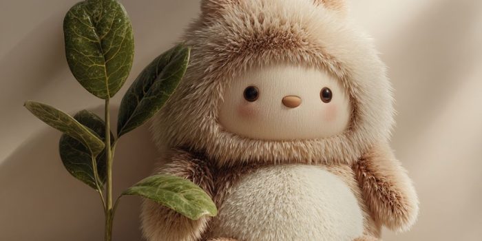 ChatGPT提示词_创建一个超真实的CGI海报，展示一个毛绒玩具，具有长软丝滑的毛发，其他部分如茎和叶子则逼真，采用温和的色调，简约的构图，背景为浅色，柔和的散射光线，展现干净时尚的美感_gpt会员缩略图