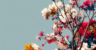 AI提示词_一棵高大的树在淡蓝色的天空下盛开着五彩斑斓的花朵_怎么获取chatgpt plus缩略图