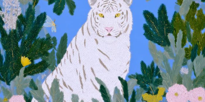 ChatGPT_AI提示词_这是幅复杂奢华的插画，中心是一只白虎，周围环绕着 cranes、松树、蝴蝶和花卉_chat gpt会员多少钱缩略图