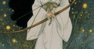 ChatGPT提示词_高桥留美子的画风中，长发黑衣女子优雅迷人，手持弓箭，夜晚草地上与萤火虫共舞_gpt会员多少钱一个月缩略图