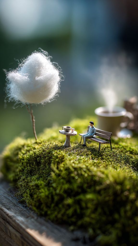 ChatGPT指令-绘图指令-一个迷你花园角落里，一位小人坐在长椅上，静静仰望天上的小云朵插图