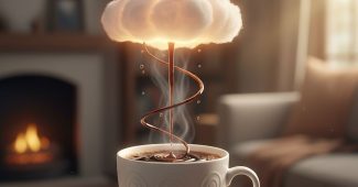 ChatGPT提示词_一杯咖啡旁边漂浮着云朵，云朵向咖啡杯倾斜_chatgpt官网中文电脑版缩略图