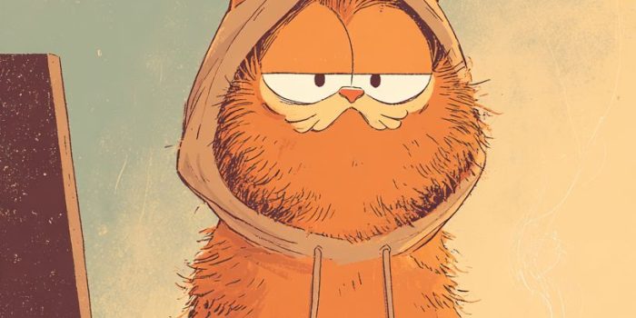 ChatGPT提示词_加菲猫穿着连帽衫坐在电脑前，脸上显得不悦，桌子上有一个红色咖啡杯_国内如何开通gpt会员缩略图