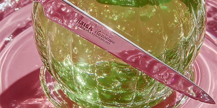 ChatGPT提示词_一个透明的绿色玻璃苹果放在粉色透明盘子上，旁边有一只手正准备用刀切它_chatgpt帐号批发缩略图