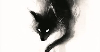 ChatGPT提示词_九尾狐灵的日本水墨画，黑色墨尾缭绕在雾中，散发阴森光芒的眼睛_chatgpt会员版缩略图