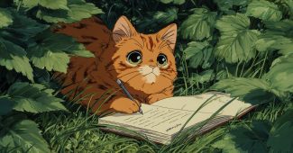 ChatGPT提示词_一只橘猫坐在草地上写东西，周围有大叶子和青草，体现了东映动画经典时代的风格_chatgpt官网中文版缩略图