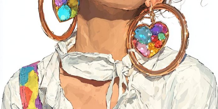 ChatGPT提示词_一位女性佩戴巨大的玫瑰金心形圆环耳环，搭配彩虹宝石耳钉_国内如何买gpt会员卡便宜缩略图