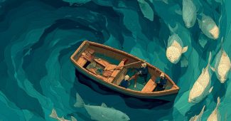 ChatGPT提示词_小木船在平静的海面上，白色鱼群以螺旋形游绕_chatgpt 官网缩略图