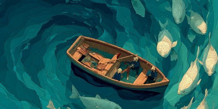 ChatGPT提示词_小木船在平静的海面上，白色鱼群以螺旋形游绕_chatgpt 官网缩略图