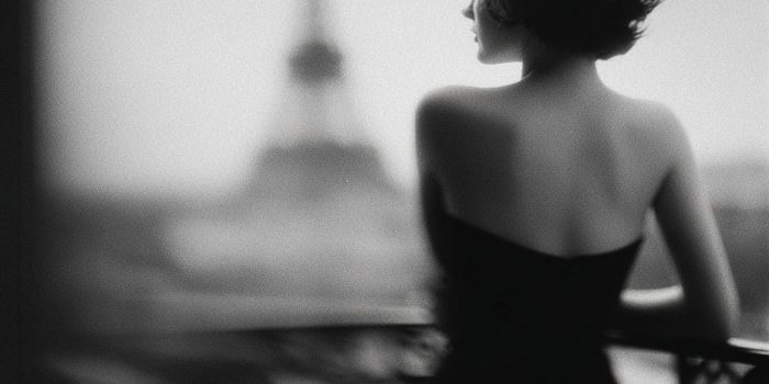 ChatGPT提示词_一位女性模特穿着优雅的裙子，背对镜头站在法式阳台上，凝视着埃菲尔铁塔_chatgpt会员收费标准缩略图