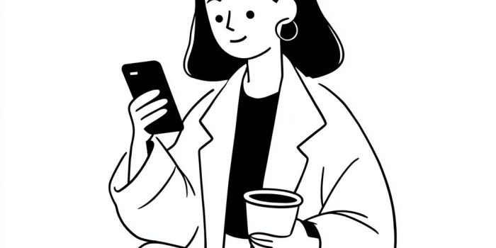 ChatGPT提示词_一位微笑的女性在休闲咖啡时间，一手拿着智能手机，一手拿着咖啡杯_chatgpt.com官网缩略图