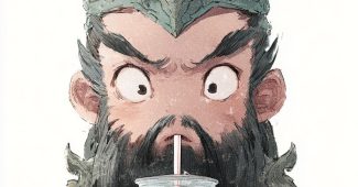 ChatGPT提示词_关羽手持大杯冷饮的可爱插画_chatgpt.com登录缩略图